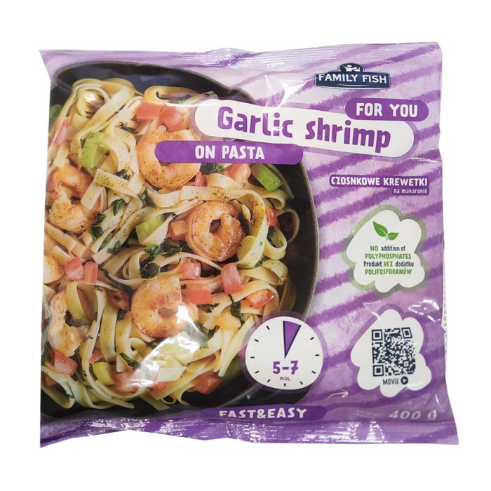 Kozice z česnom in testeninami, Family Fish, 400 g, zm