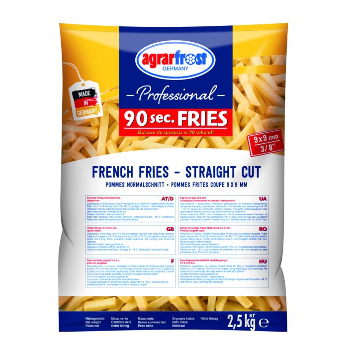 Pomfri French fries 9×9 mm, 90 sekund, Agrarfrost Professional, 2,5 kg, zm.